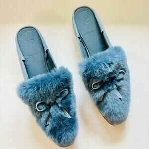 NEW AD DAUGHTER Blue Grey Rabbit Fur Flats Pointy Toe Bow Slides Mules Shoes 6.5